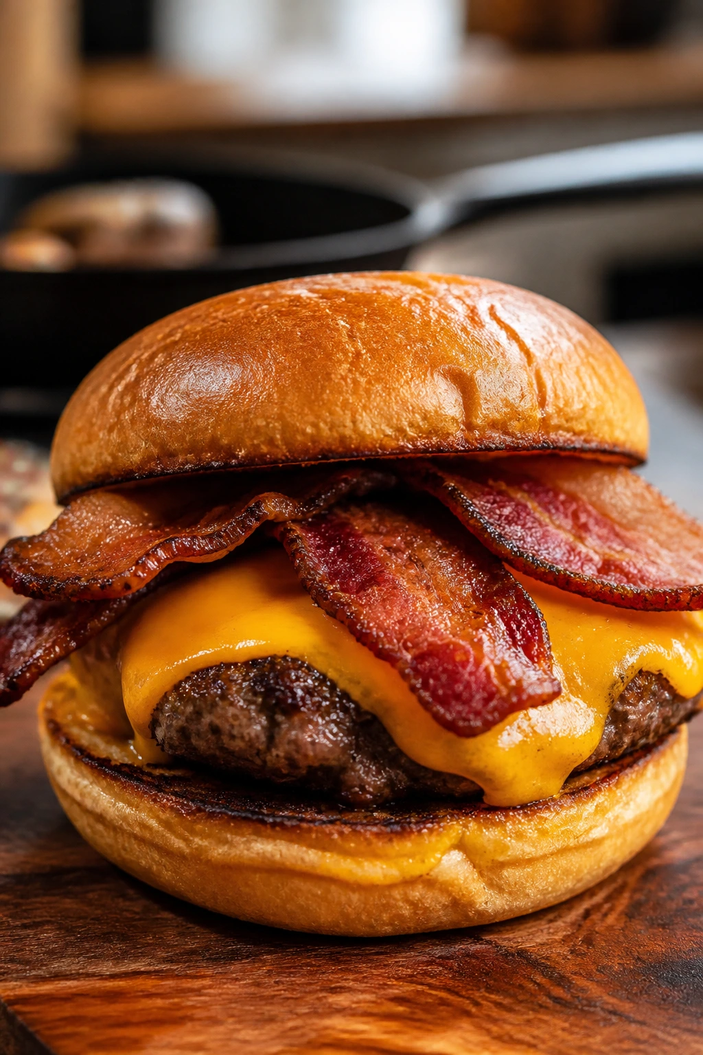 Beef patty with crispy bacon and cheddar on a toasted bun.