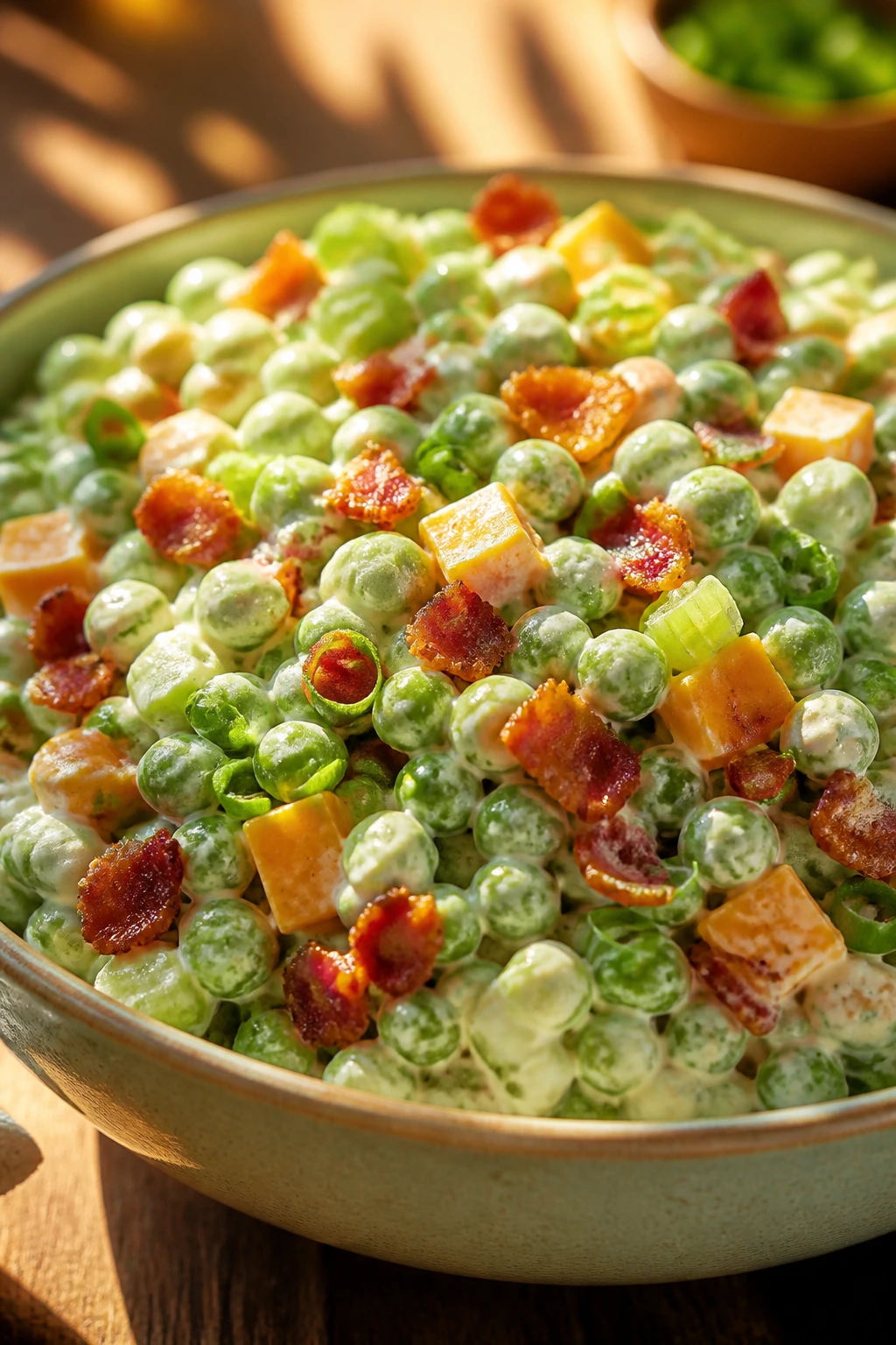 Close-up of Bacon Cheddar Pea Salad with bacon, cheddar, and celery