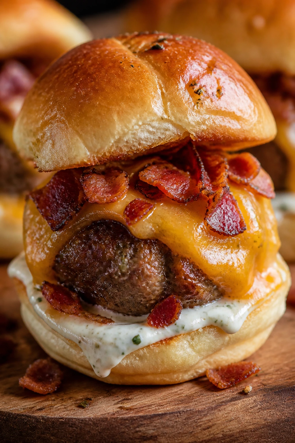 Close-up of a bacon ranch cheddar meatball slider with melted cheese and crispy bacon on a wooden board