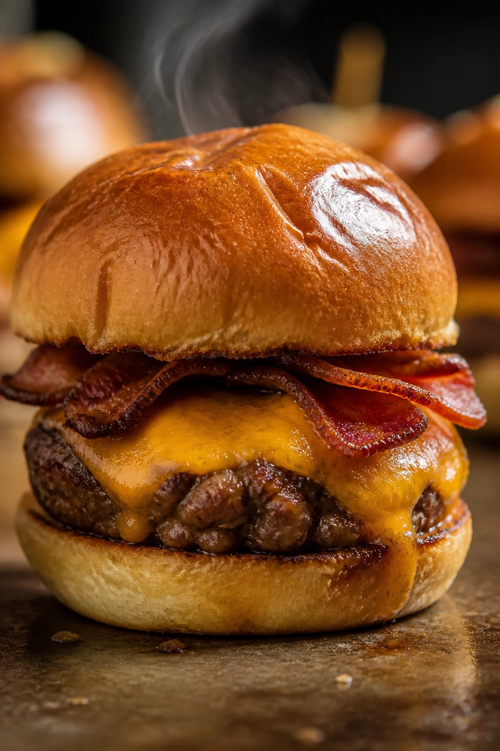 Close-up of bacon cheddar slider with crisp bacon
