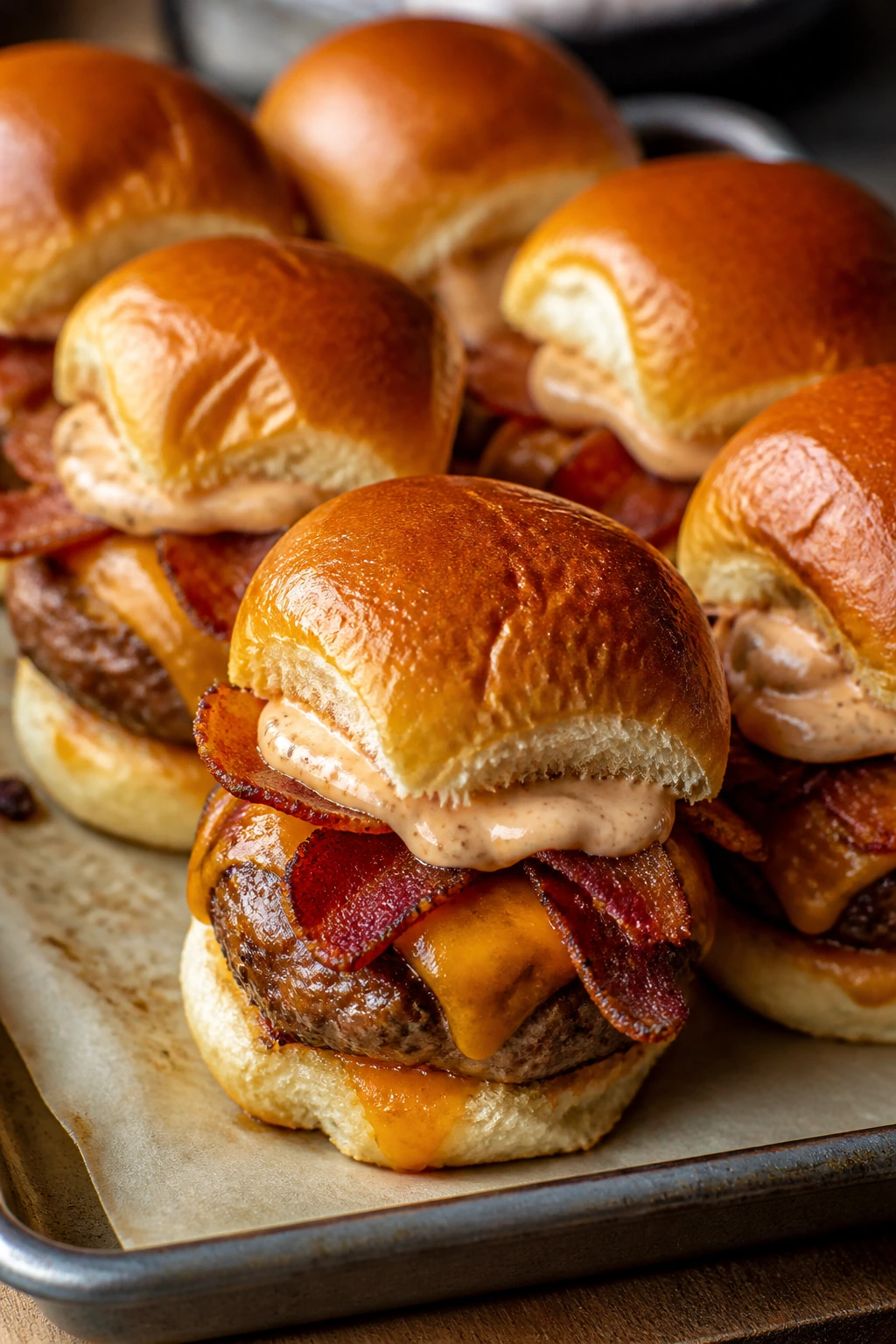 Sliders with bacon and cheddar on a baking sheet in a warm kitchen