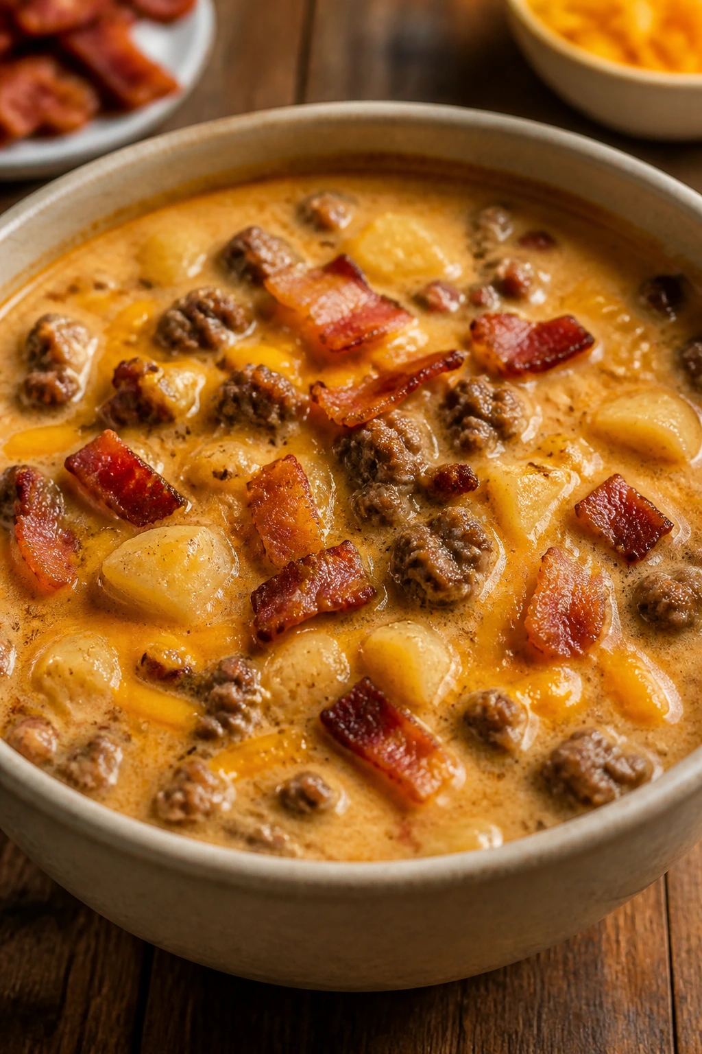 Creamy bacon cheeseburger soup with bacon and cheddar