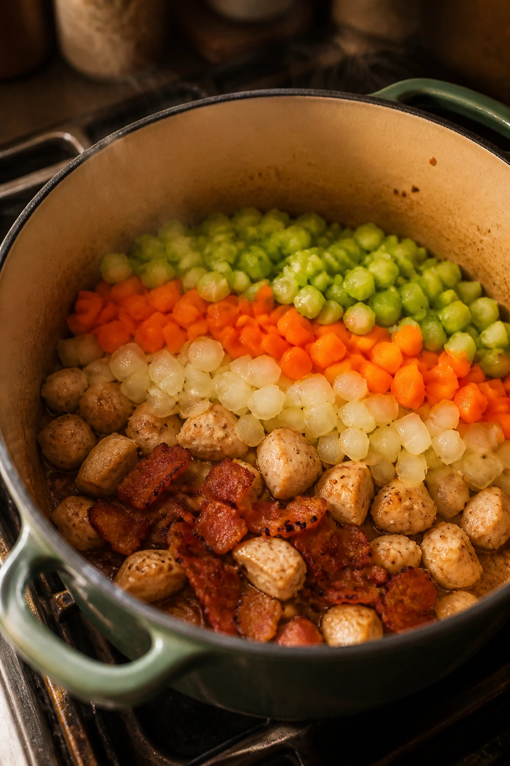 Interior of a Dutch oven showing bacon and chicken at the bottom with vegetables layered on top.