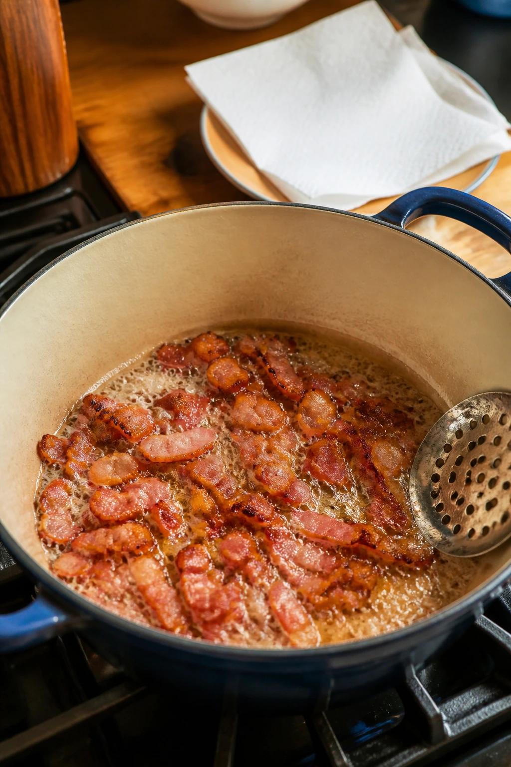 Close-up of bacon browning in a Dutch oven with rendered fat on a warm kitchen stove.