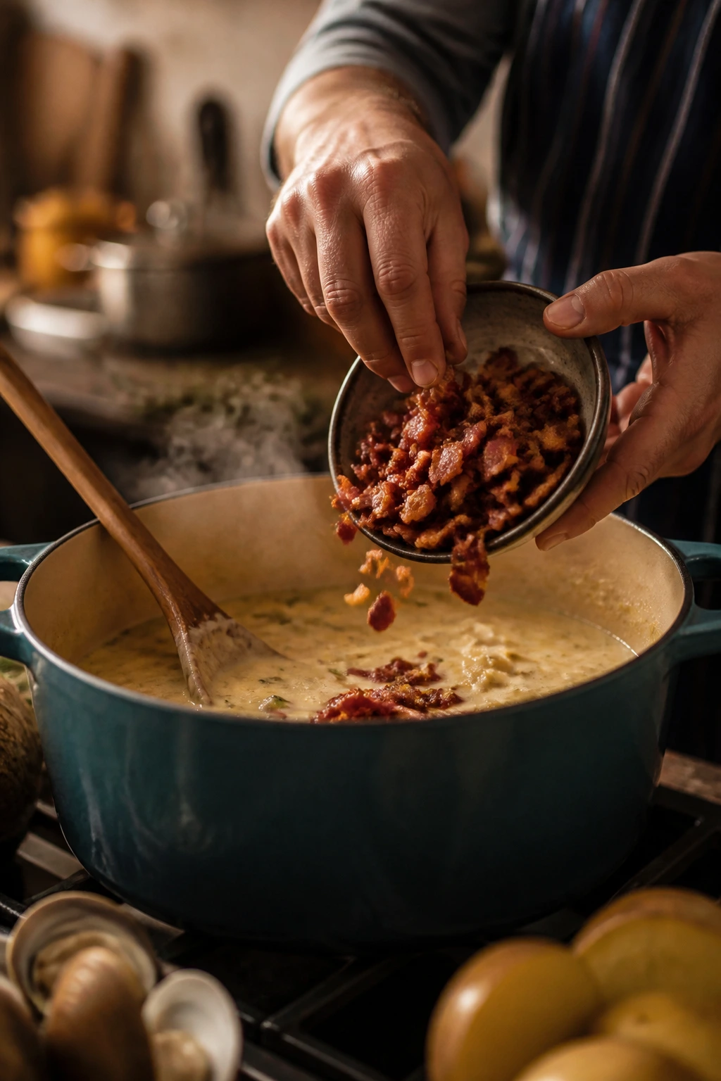 Cook's hands adding bacon to a pot of chowder on the stove
