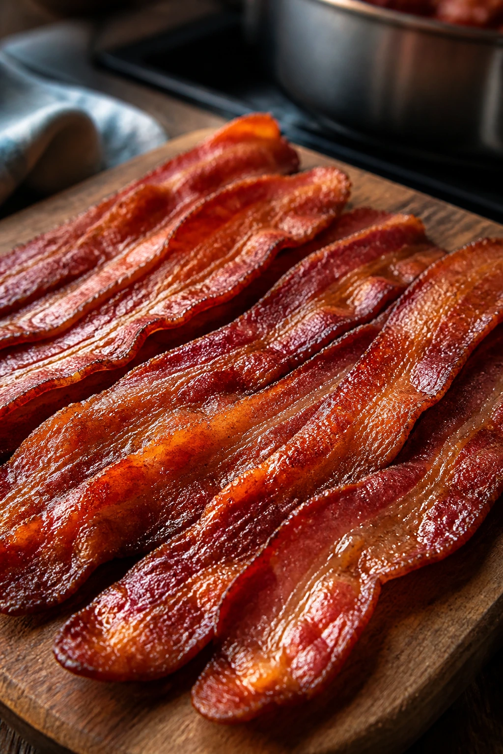 Close-up of crispy bacon slices on a rustic cutting board in a cozy kitchen