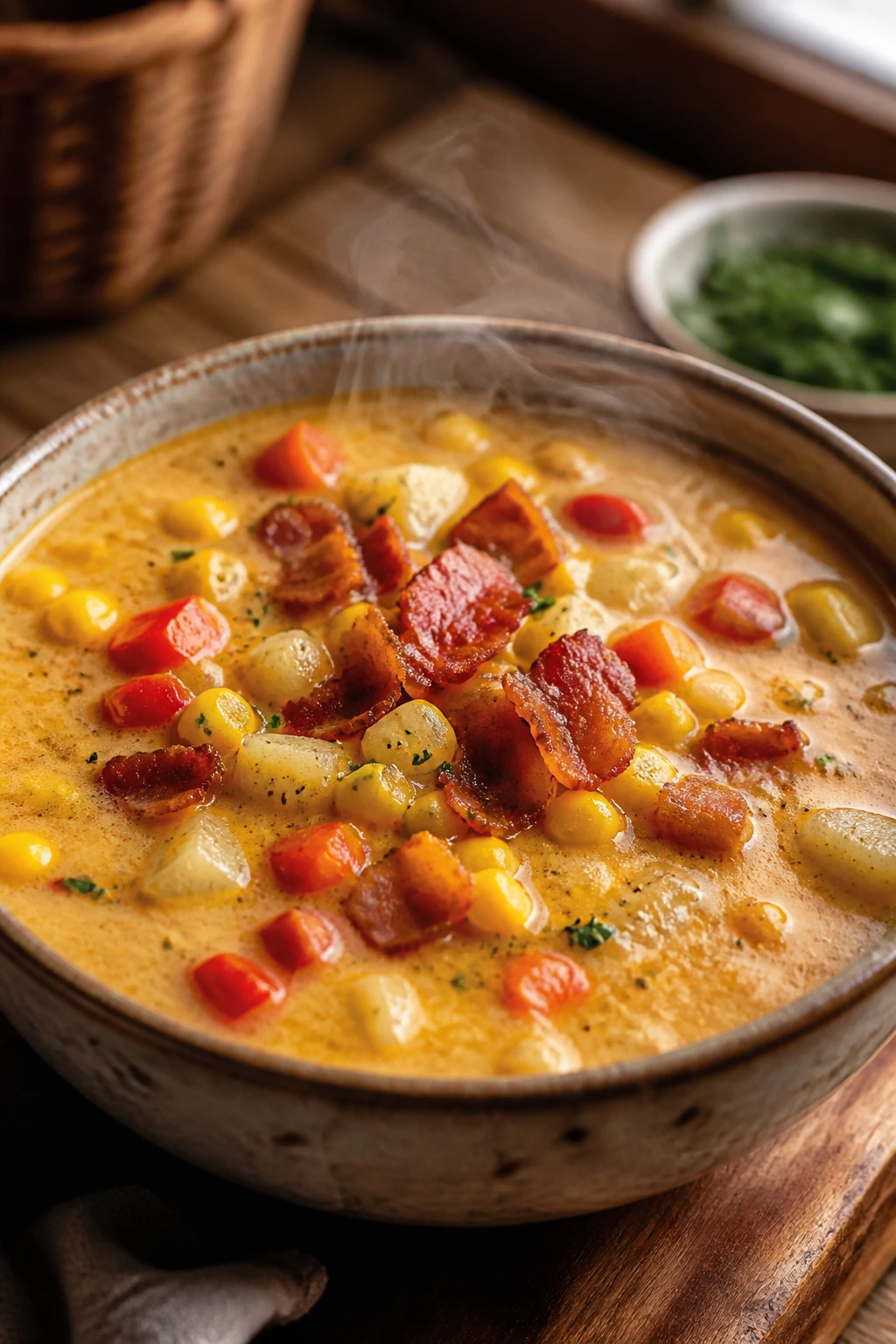 Close-up of bacon corn chowder with red pepper in a bowl