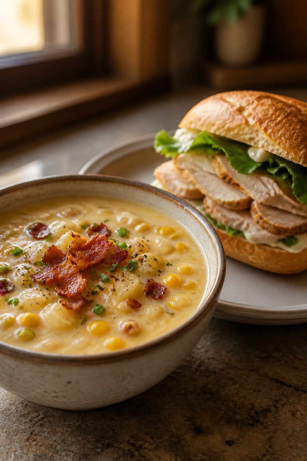 Creamy bacon corn chowder with roast chicken sandwich