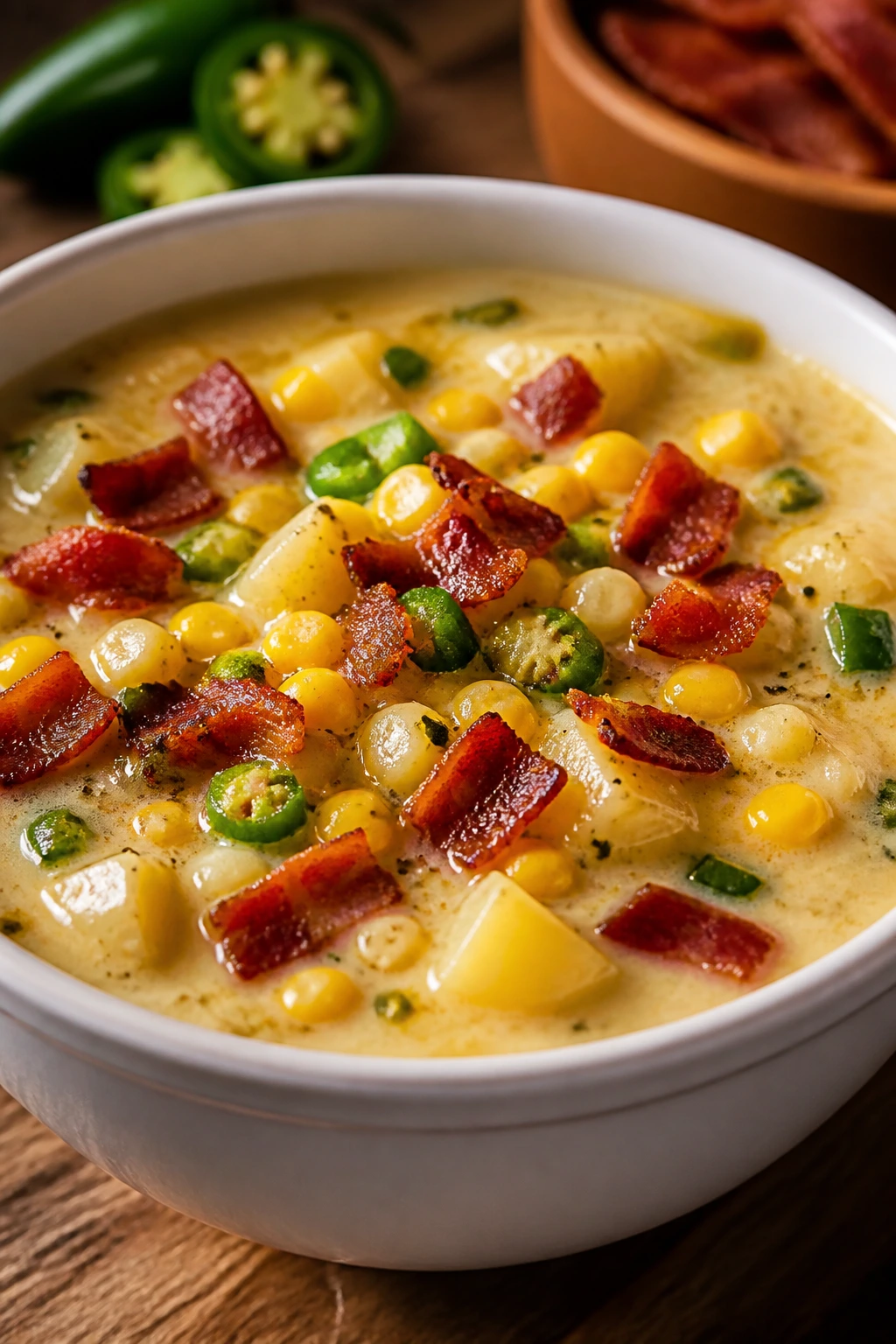 Creamy bacon corn jalapeno chowder in a rustic bowl with corn and bacon