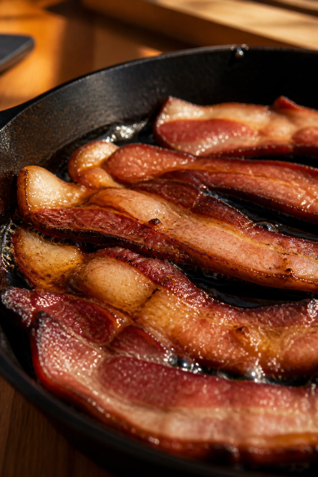 Close-up of crispy bacon strips in a cast-iron skillet