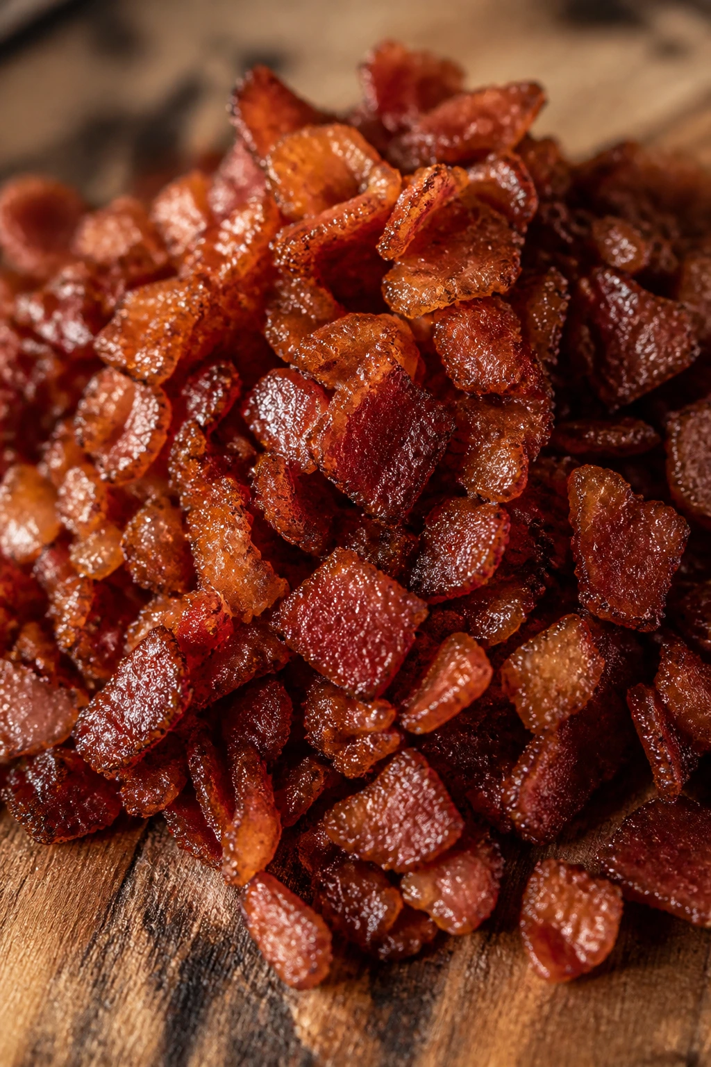 Pile of warm glazed bacon crumbles on wooden board