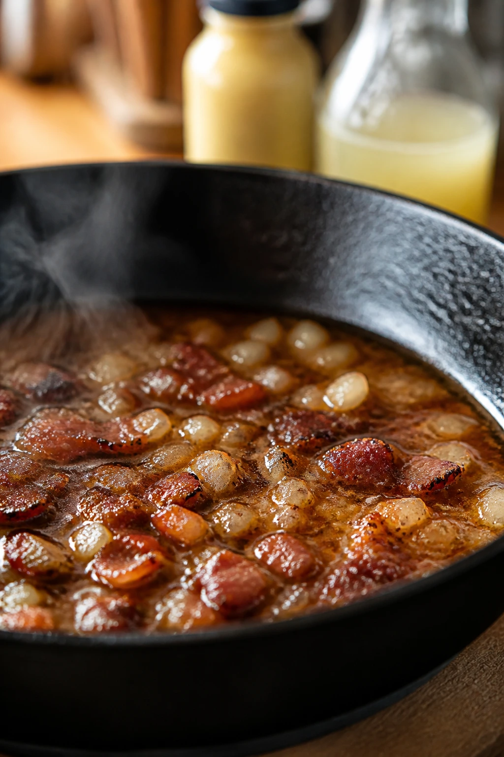 Skillet with bacon drippings and glossy sauce on stove