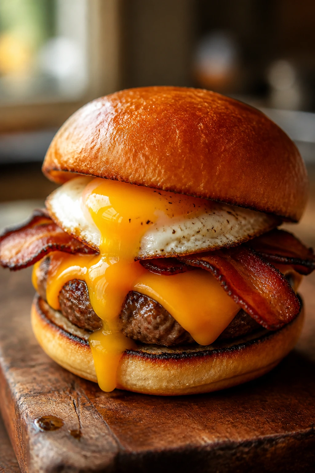 Close-up of bacon egg cheddar mini burger with egg yolk and bacon on a slider bun