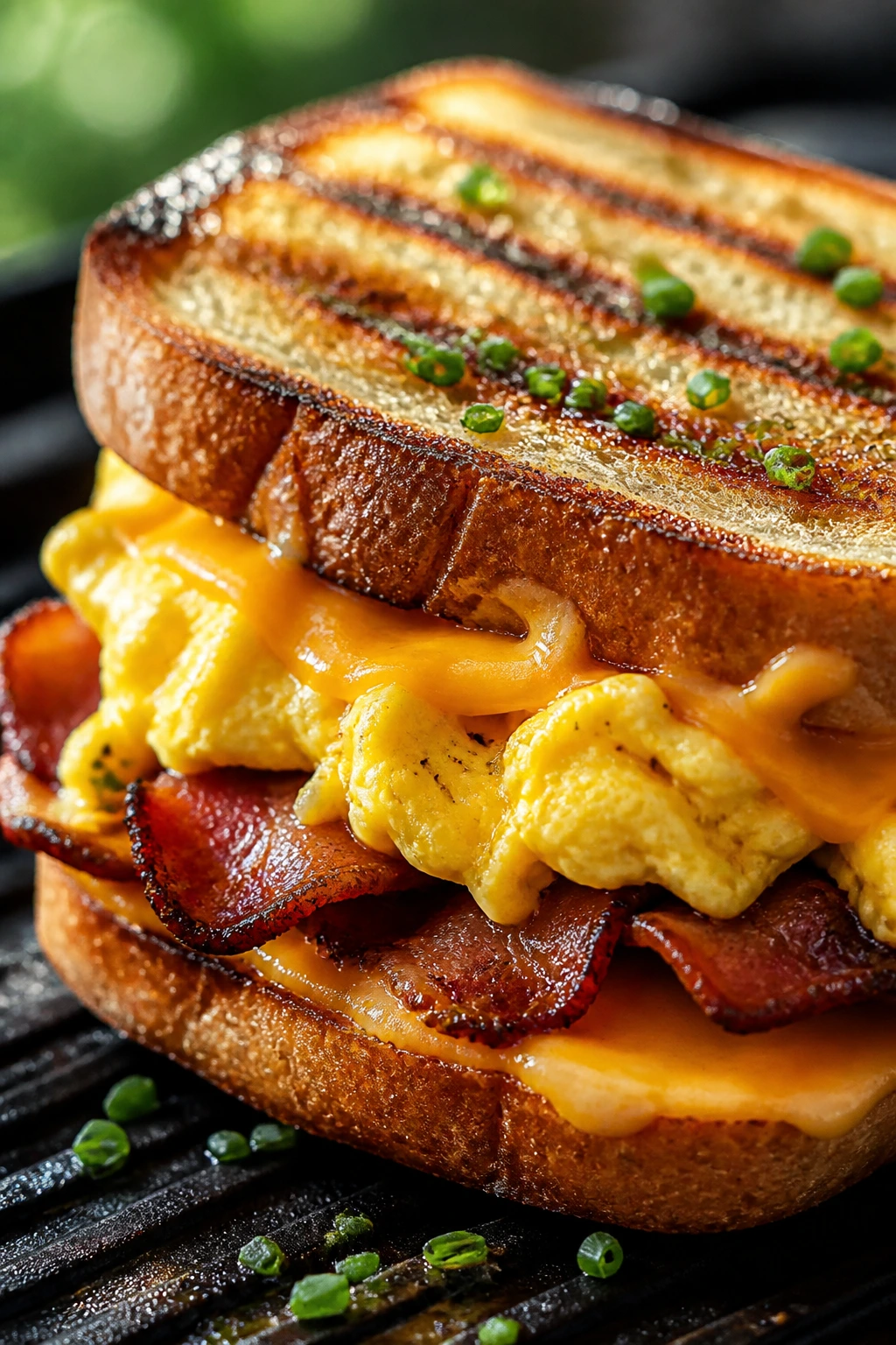 Close-up of bacon, egg, and cheese breakfast melt on toasted bread.