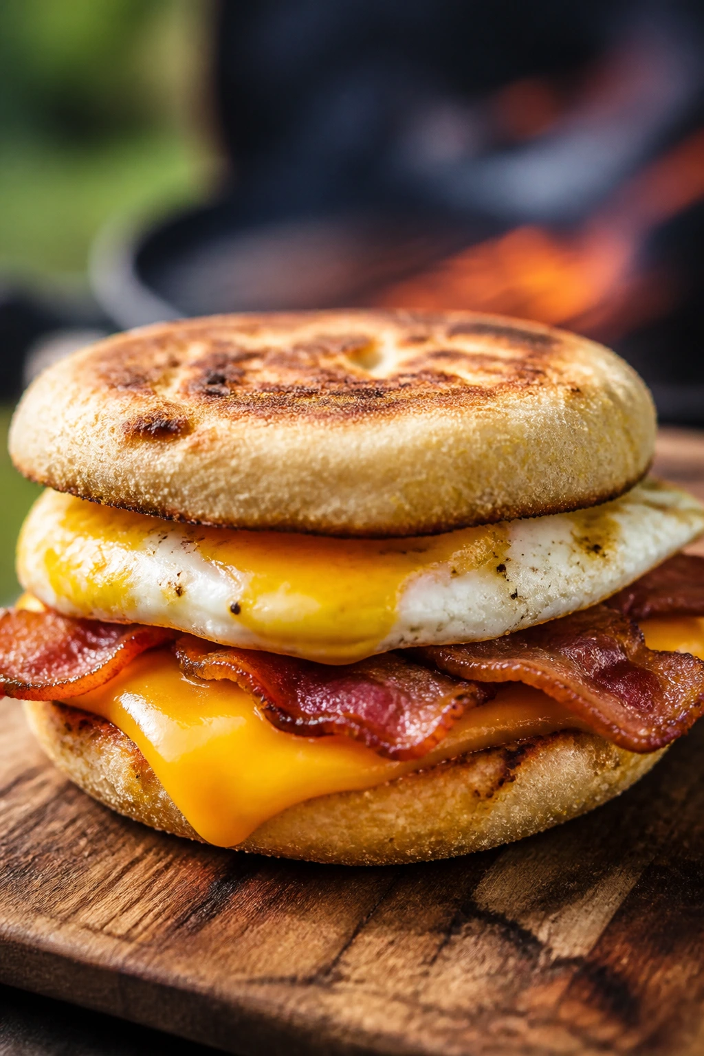 Close-up of a smoky bacon, egg, and cheese breakfast sandwich on a wooden board with grill blur