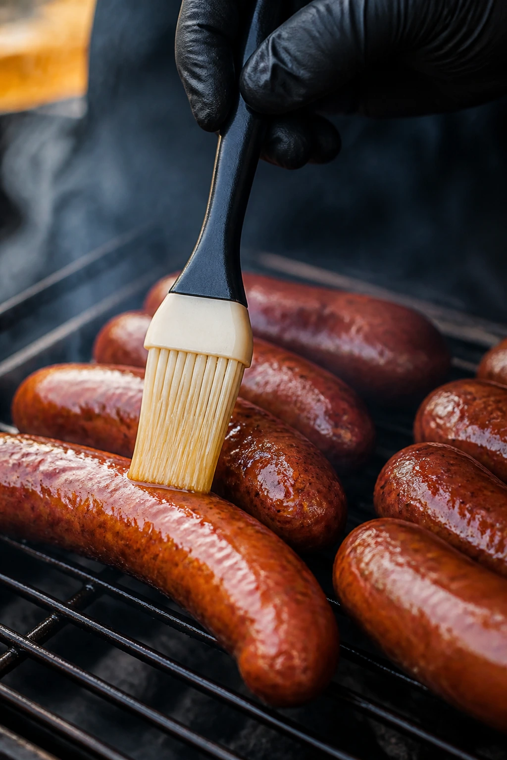 Close-up of glossy bacon-fat glaze on smoked sausages on a grill in a smoky backyard