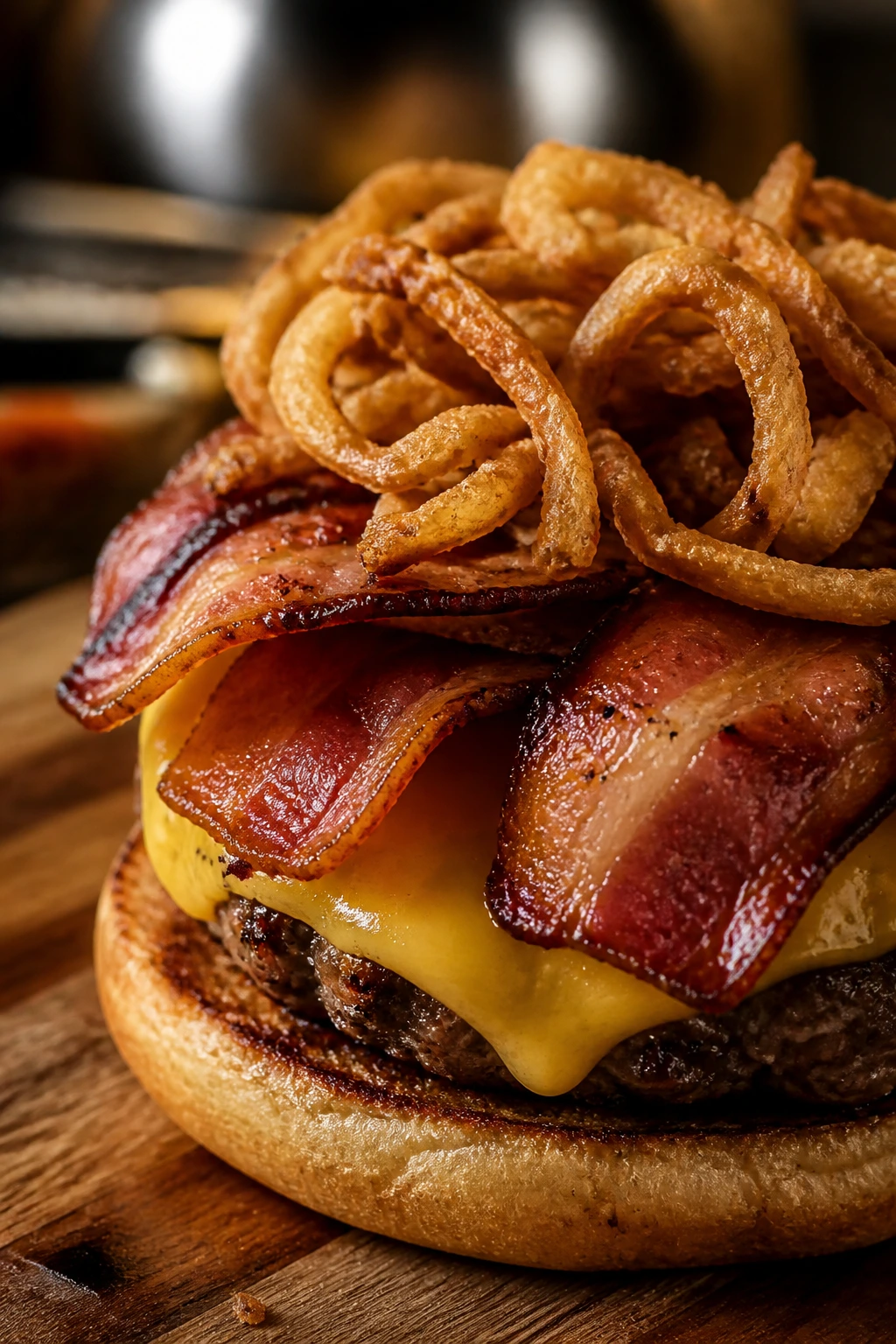 Burger with crispy bacon and fried onions topping