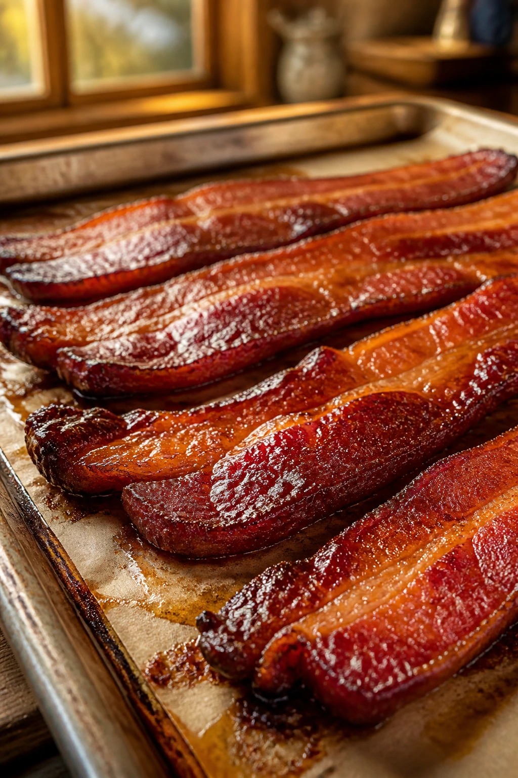 Close-up of glossy glazed thick-cut bacon on parchment in a warm kitchen