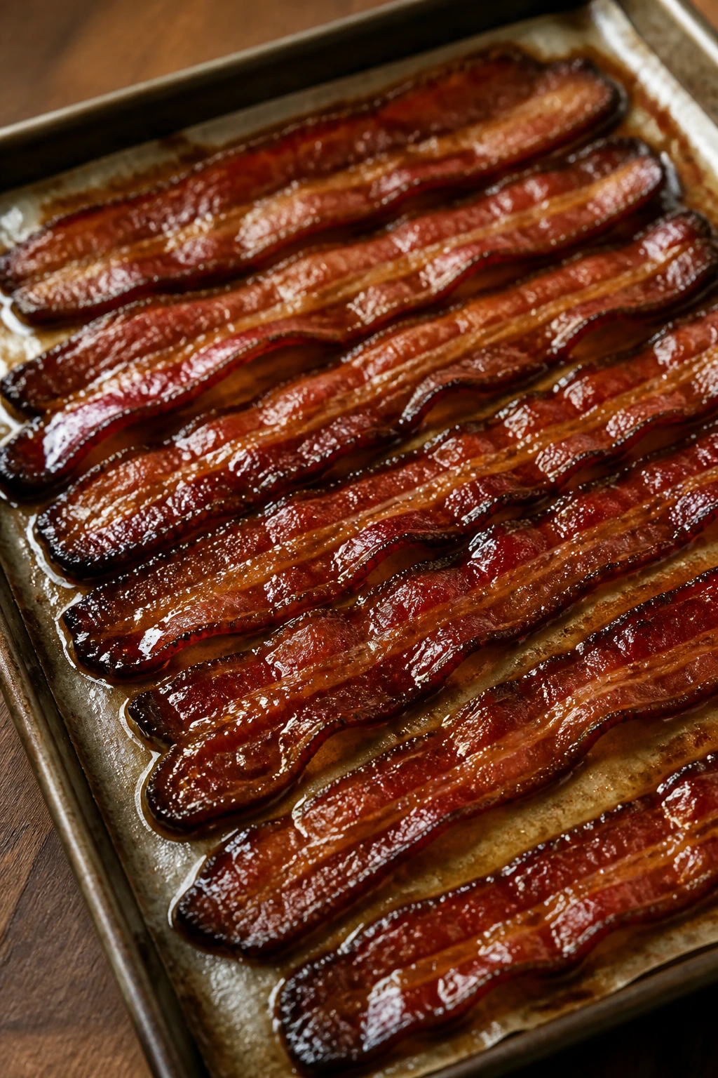 Glazed bacon strips on parchment-lined sheet ready to bake