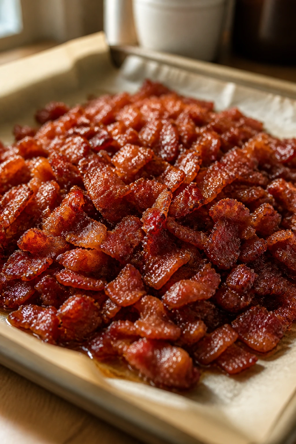 Close-up of glossy crumbled bacon with glaze on parchment