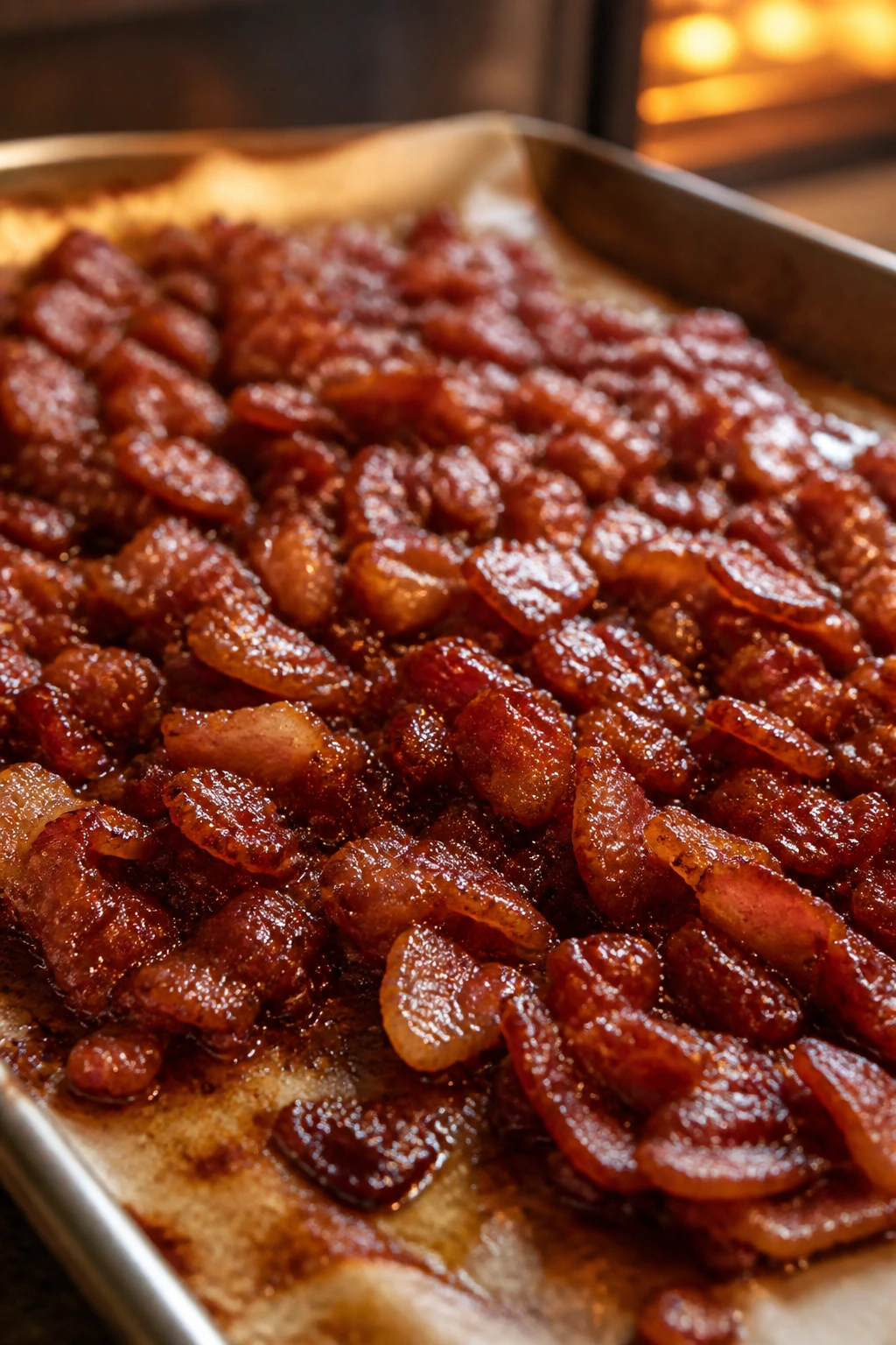 Close-up of glossy amber-glazed bacon crumbles on parchment in a warm kitchen
