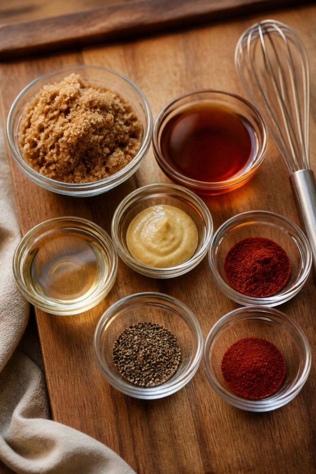 Top-down shot of glaze ingredients in small bowls on a wooden counter