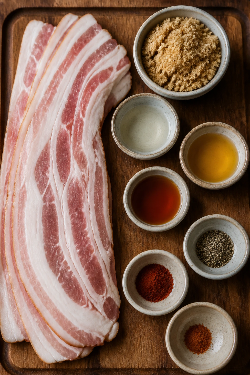 Raw bacon and glaze ingredients arranged on board