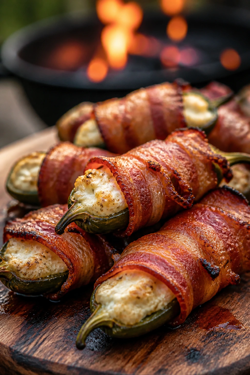 Close-up of bacon-wrapped jalapeño poppers on a wooden board outdoors
