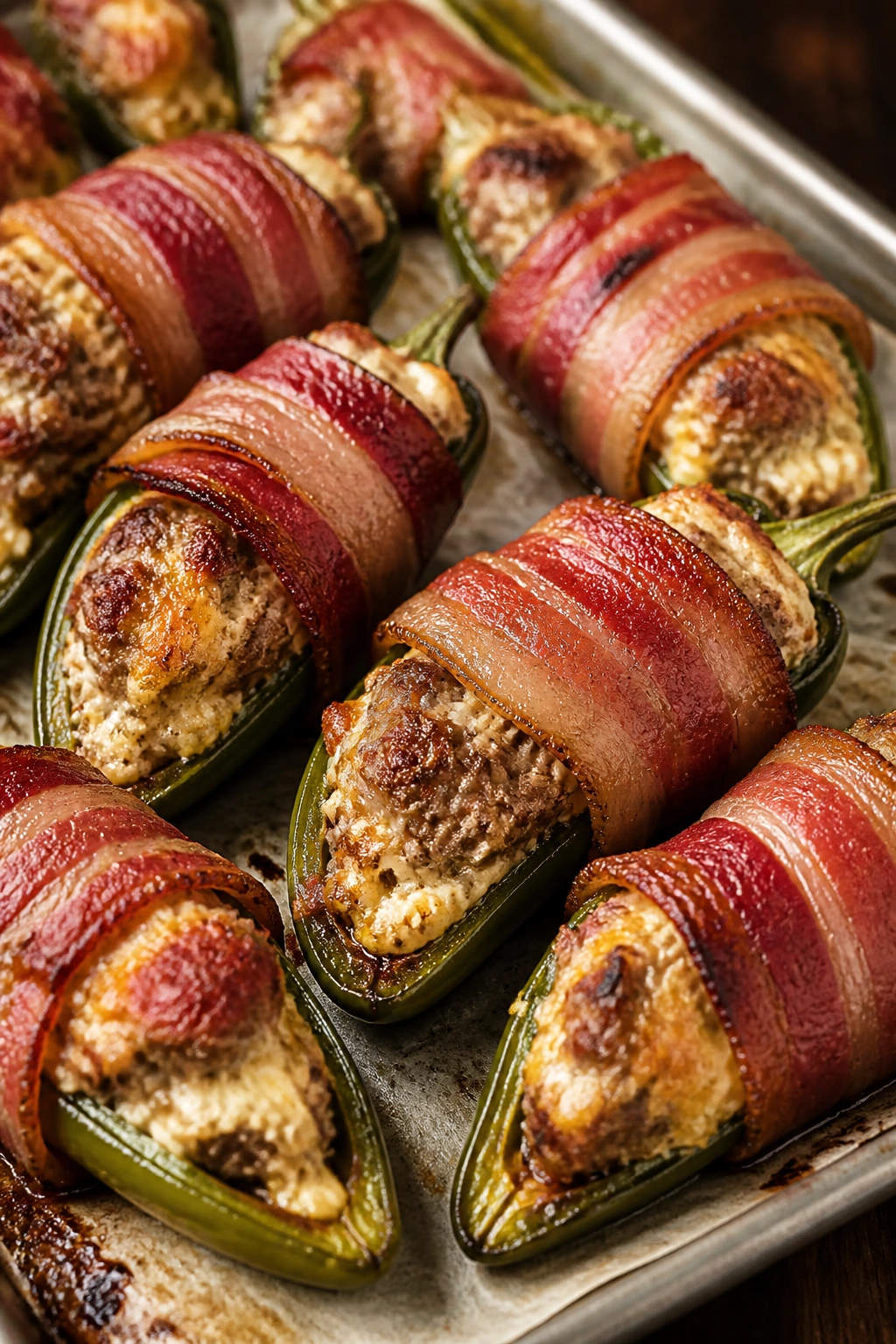 Bacon-wrapped jalapeño poppers on a baking sheet