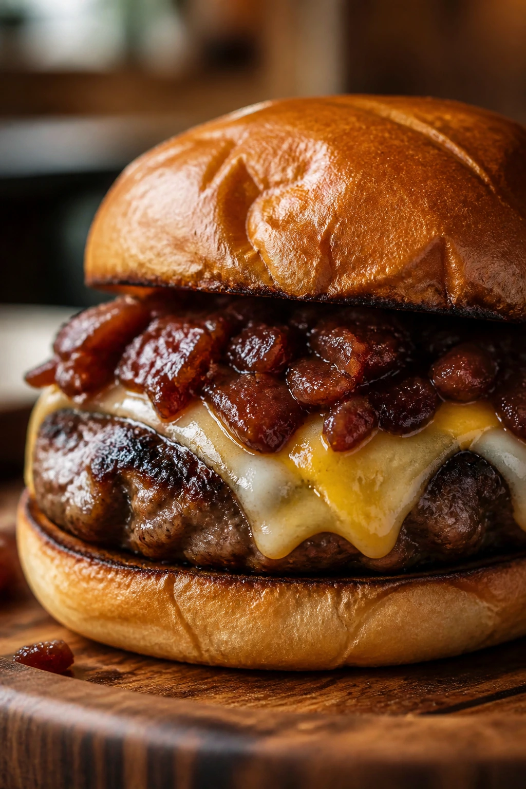 Burger with glossy bacon jam on toasted bun