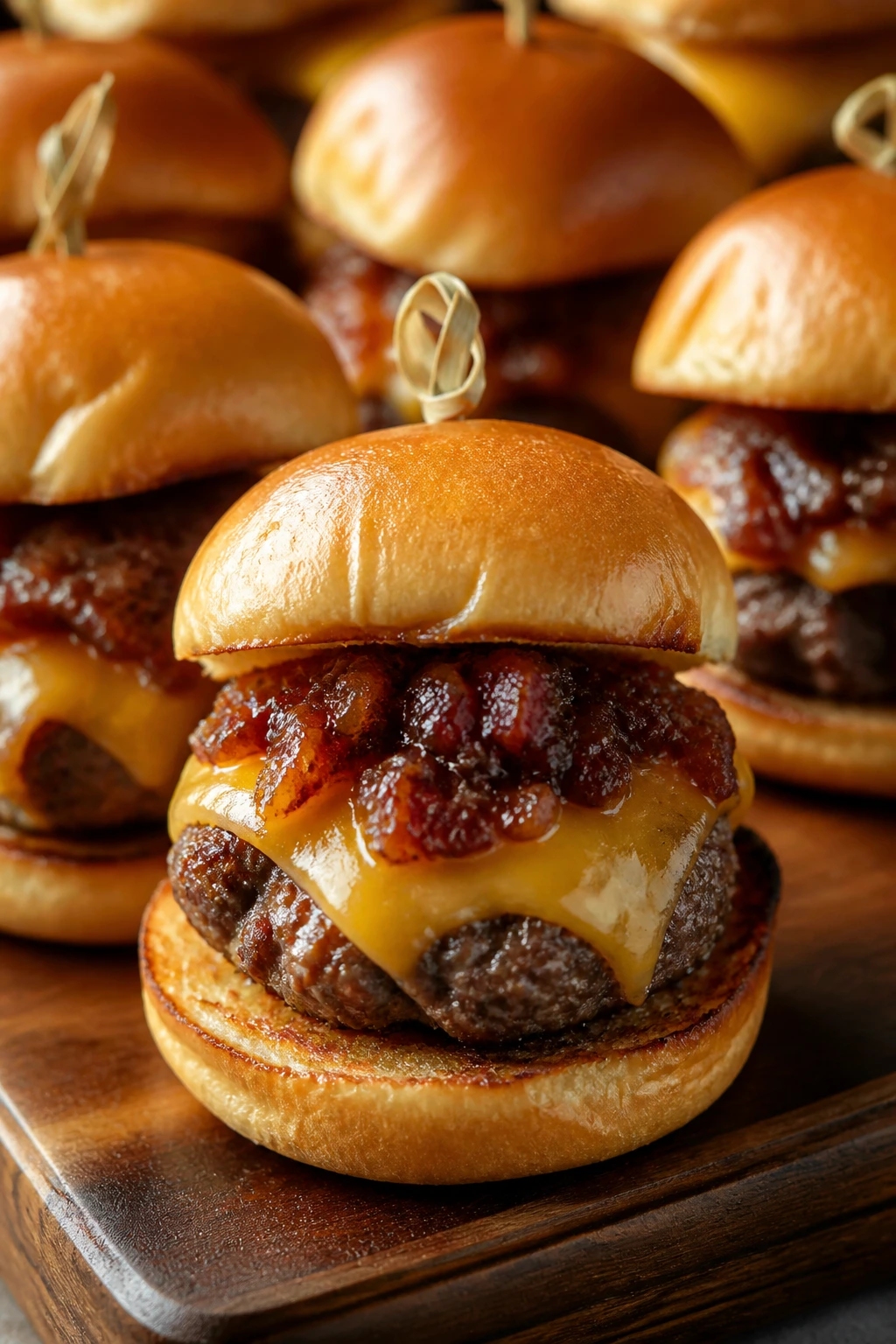 Close-up of Bacon-Jam Cheddar Sliders with bacon jam and cheddar