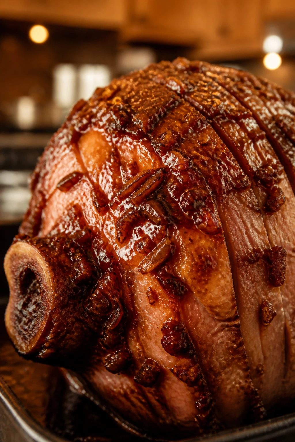 Close-up of ham with bacon jam brown sugar glaze