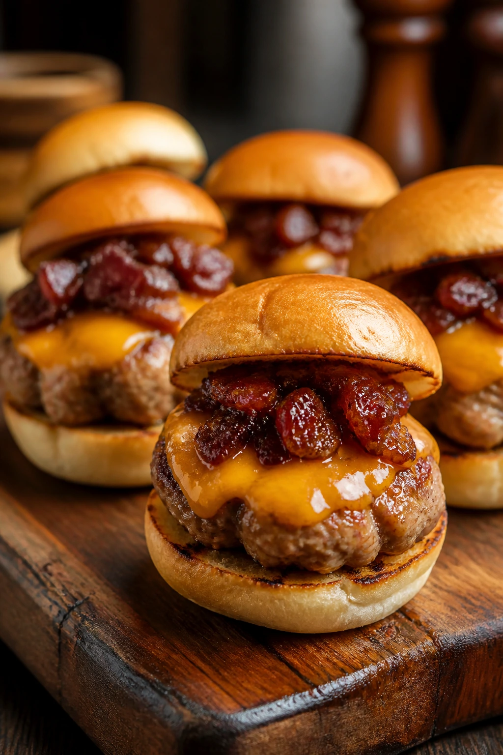 Pork sliders with cheddar and bacon jam on wood board