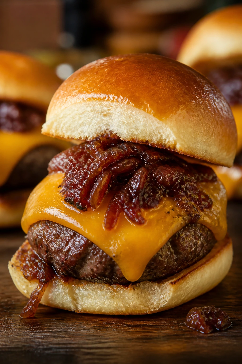 Close-up of a bacon jam mini burger with cheddar on a bun