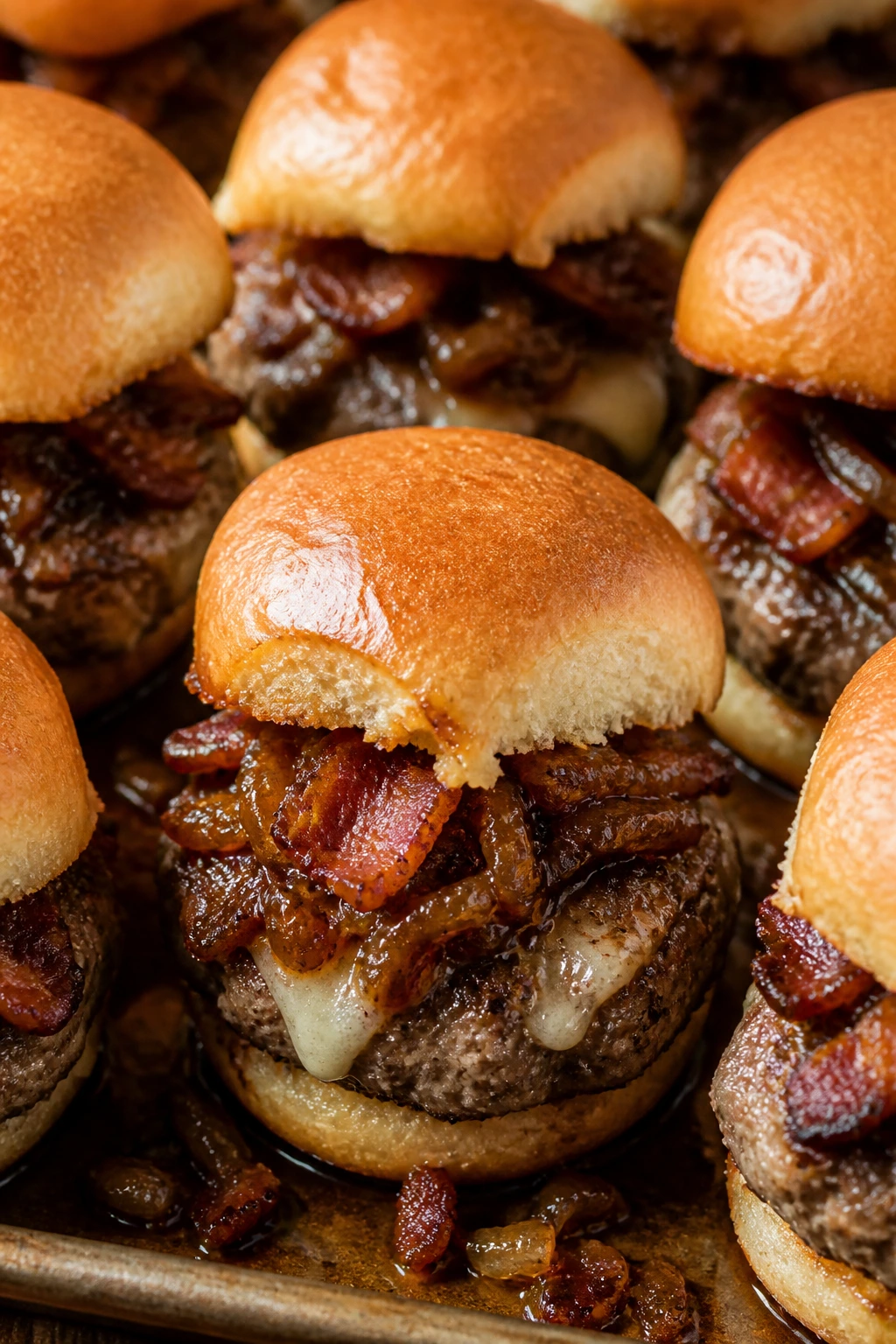 Beef sliders with bacon onion jam on tray