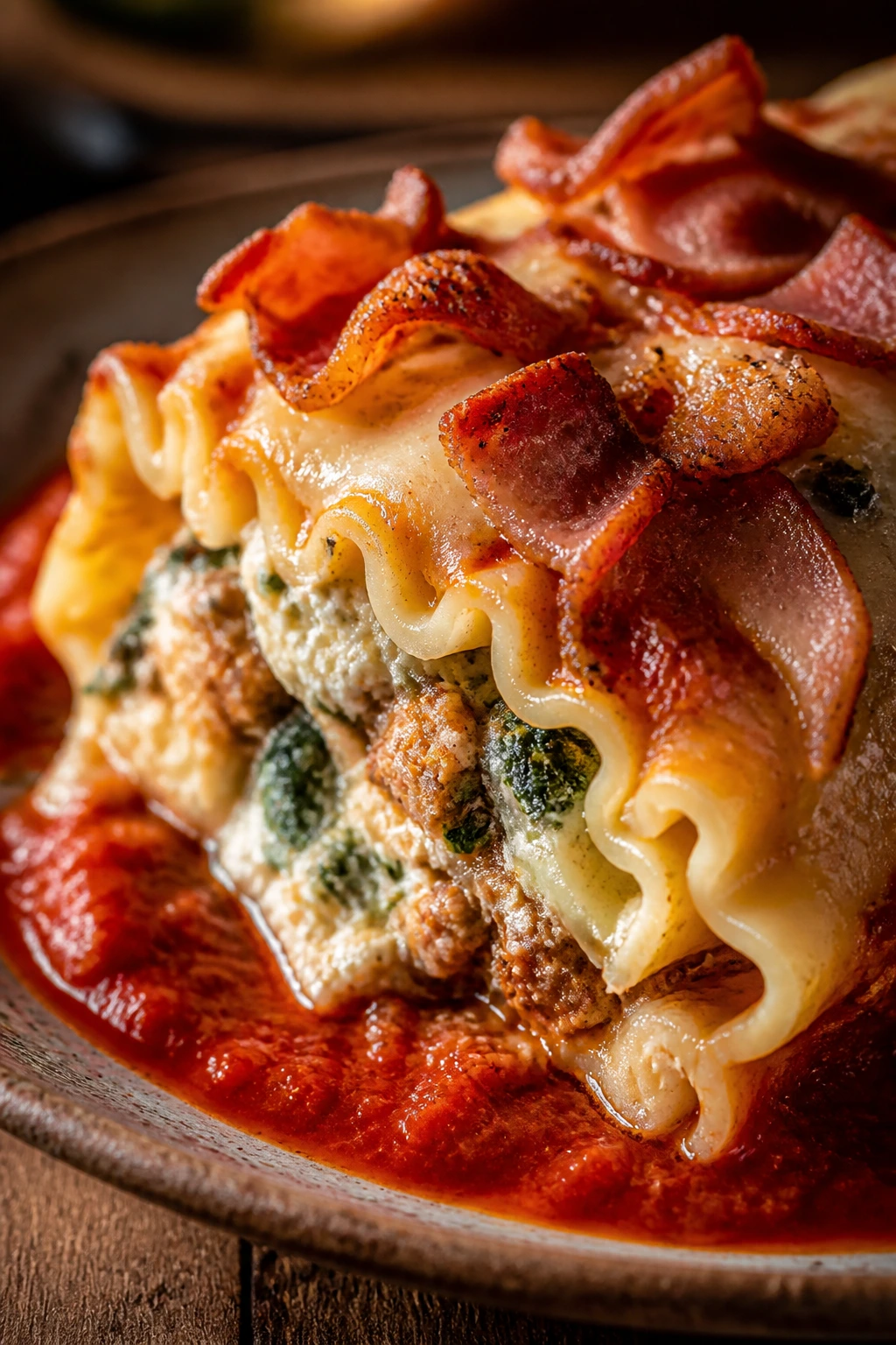 Close-up of bacon-topped sausage lasagna roll-up on rustic plate