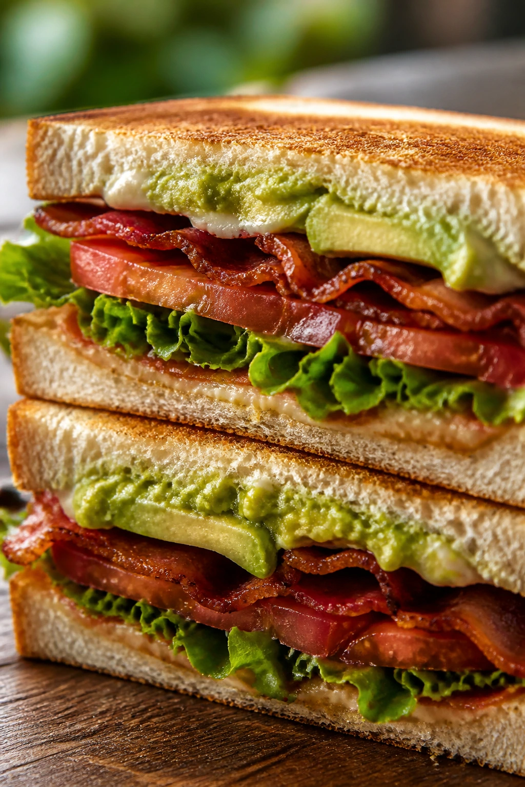 Bacon lettuce tomato avocado club sandwich close-up outdoors