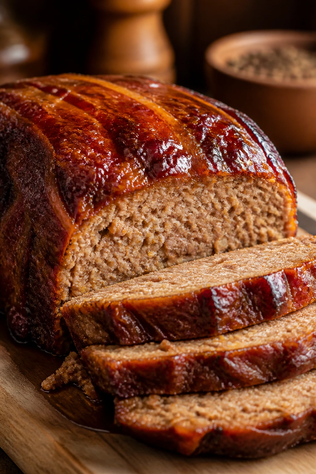 Glazed brown sugar bacon meatloaf sliced to reveal moist interior