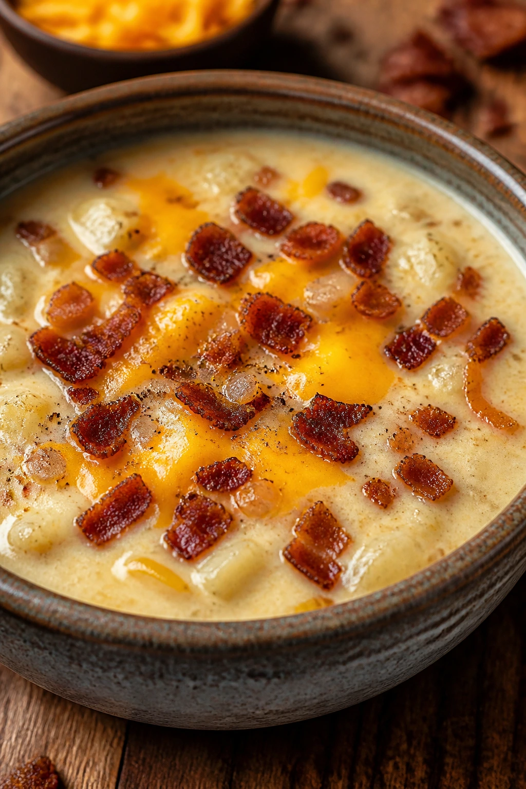 Creamy bacon onion cheddar chowder with visible cheddar and bacon in a bowl