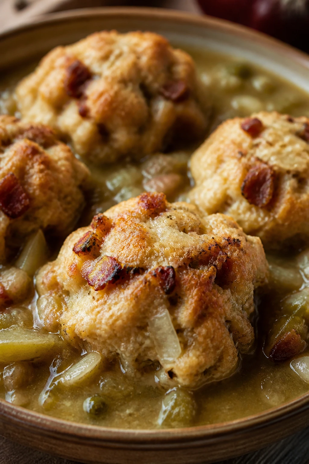 Close-up of bacon and onion dumplings in thick soup