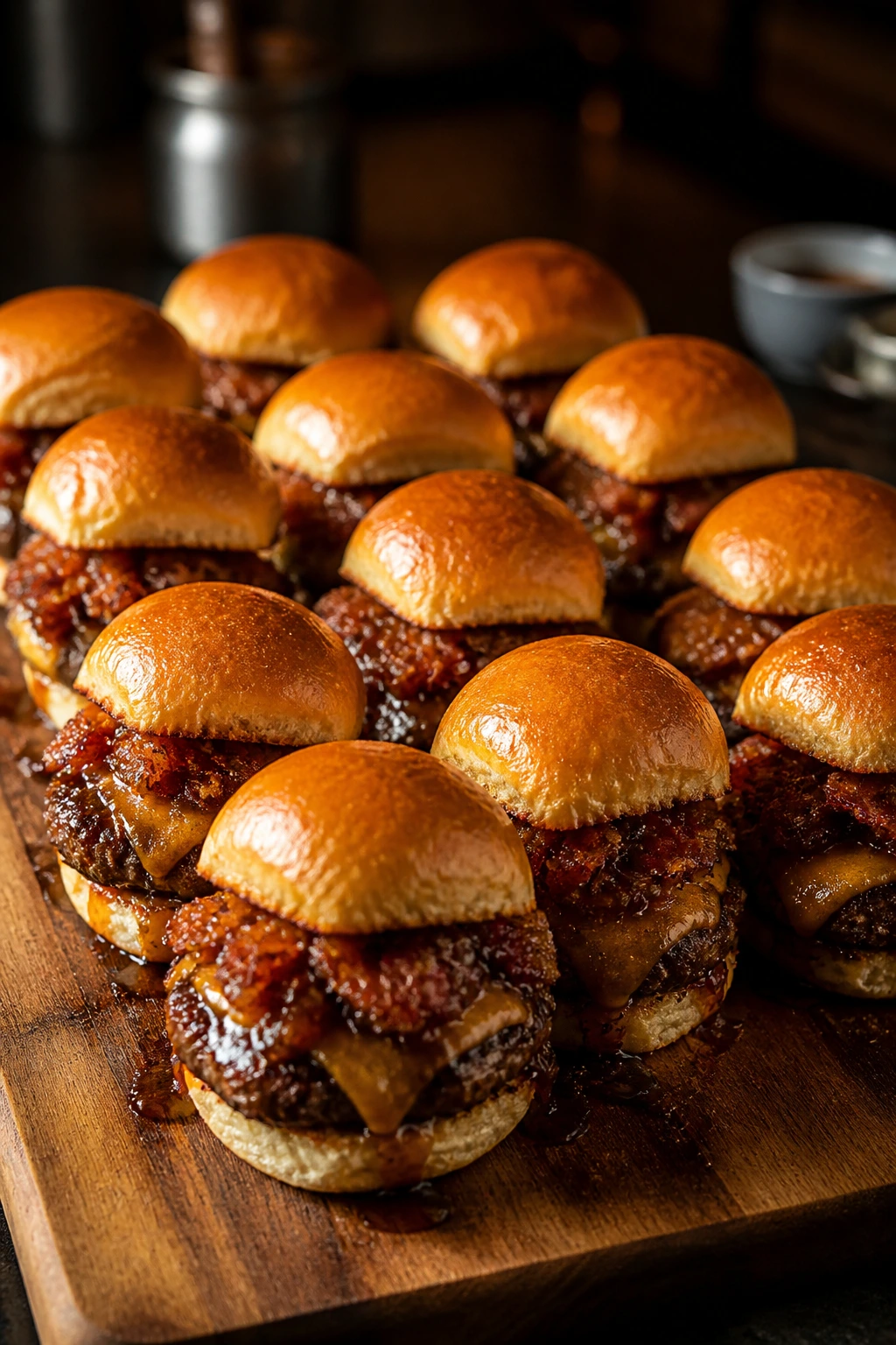 Slider burgers with glossy bacon onion jam glaze on a wooden board