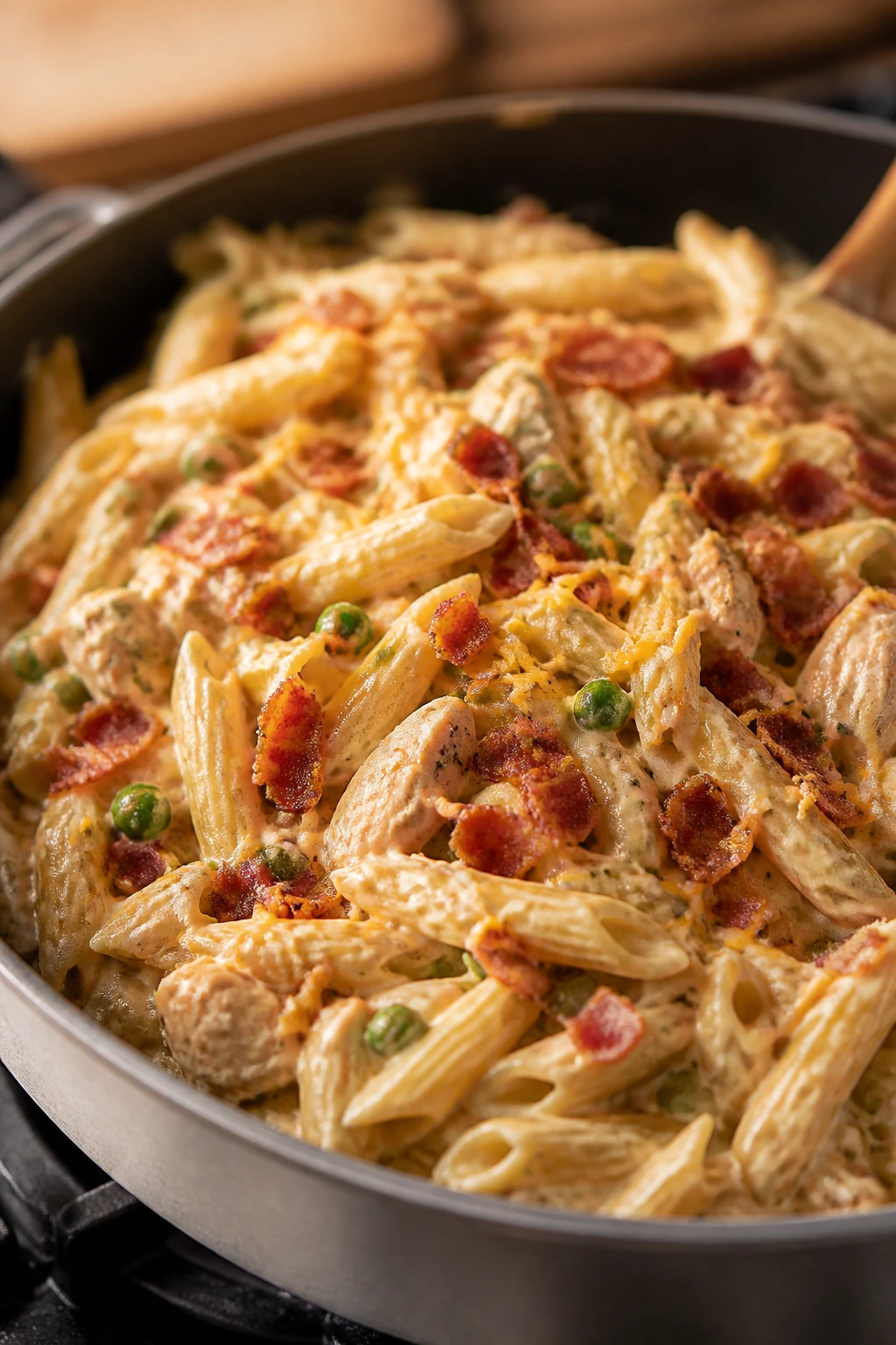 Creamy bacon ranch chicken pasta close-up in bowl.