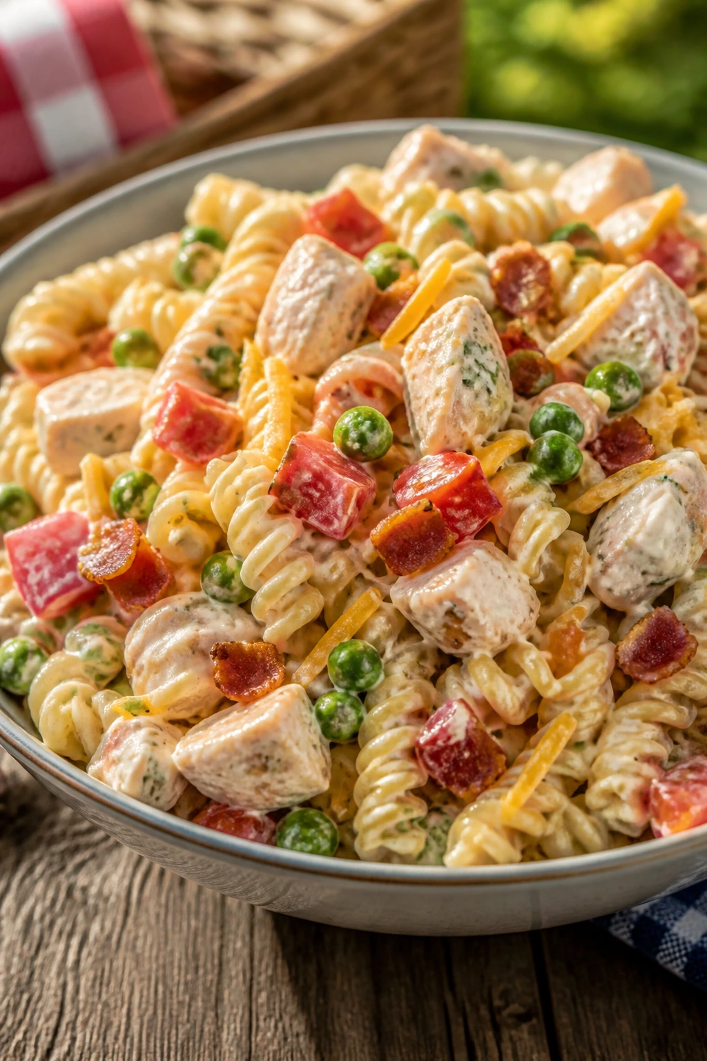 Bacon ranch chicken pasta salad in a bowl on a picnic table