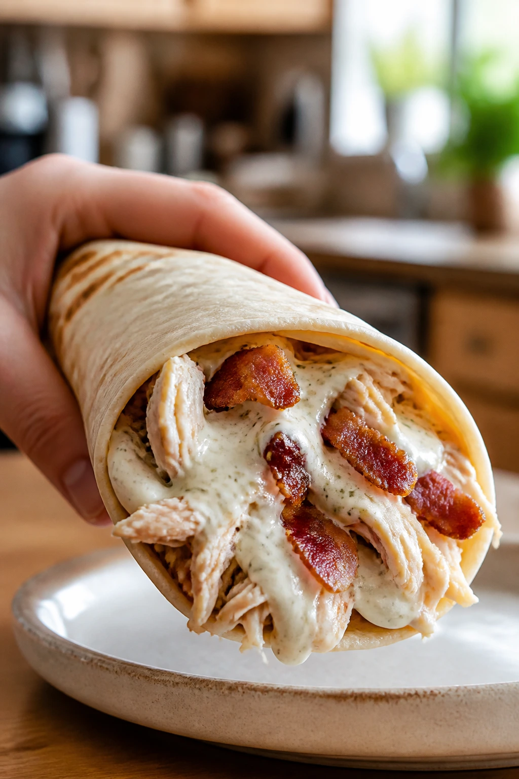 Close-up of a bacon ranch chicken wrap showing bacon and creamy filling