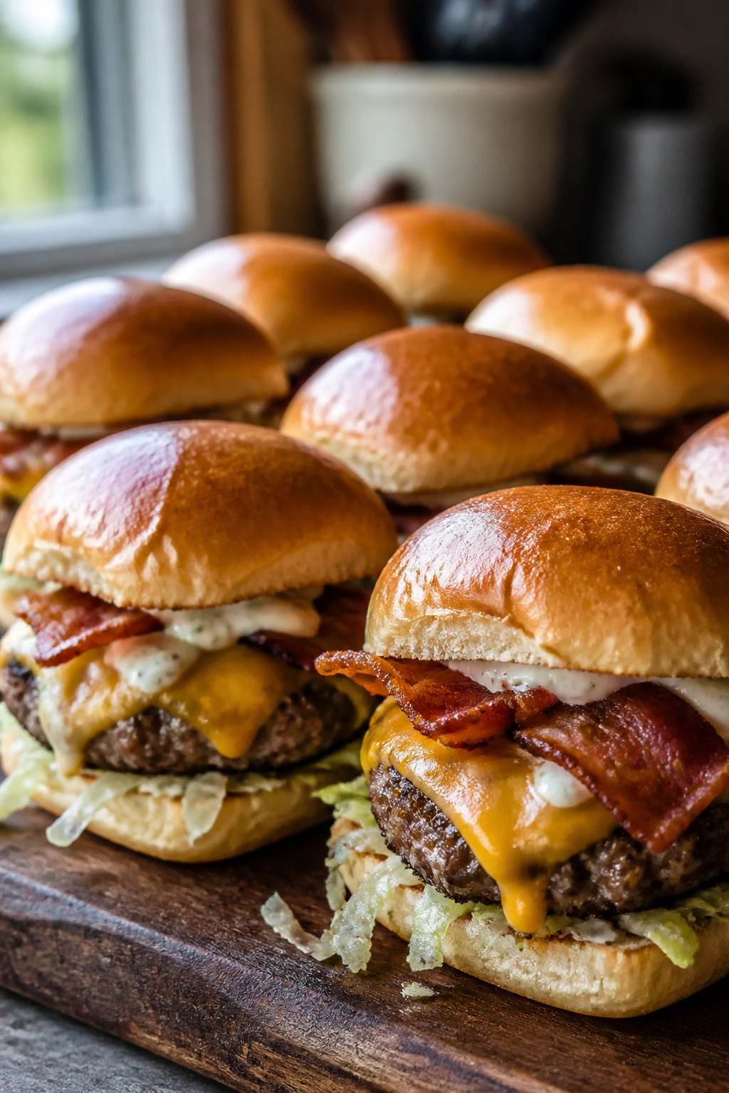 Close-up of bacon ranch sliders on a wooden board with bacon and ranch