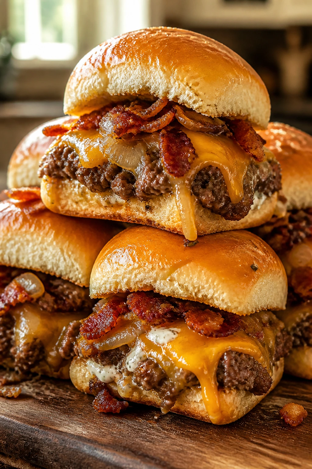 Close-up of Bacon Ranch Sliders on a wooden board with bacon and melty cheese