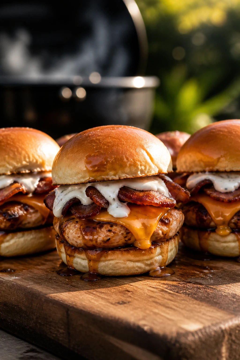 Close-up of bacon ranch chicken sliders on toasted buns in a backyard grill setting