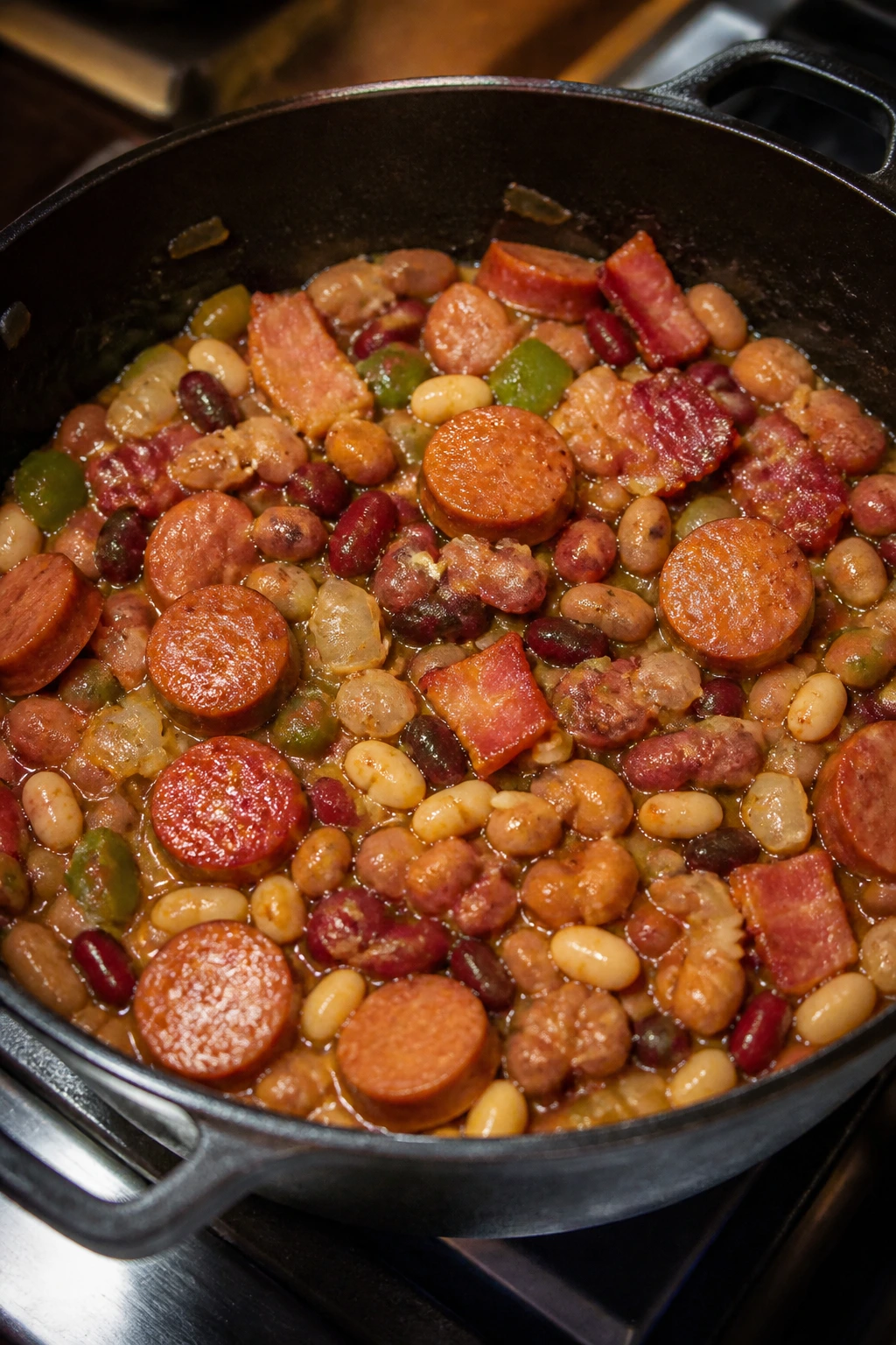 Pot with bacon, sausage, vegetables, and beans ready to cook