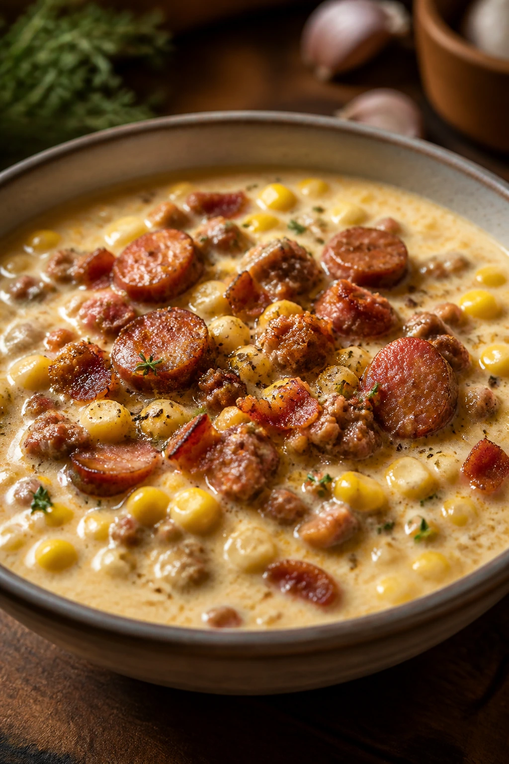 Close-up of creamy Bacon Sausage Corn Chowder in a bowl with corn, bacon, and sausage
