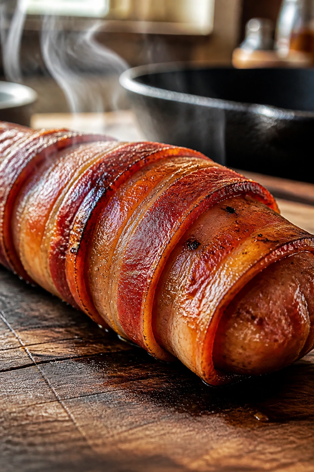 Close-up of crispy bacon-wrapped sausage link